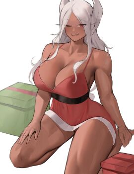 1girl ;) alternate_costume animal_ears bare_arms bare_legs bare_shoulders biting_own_lip boku_no_hero_academia breasts christmas cleavage clothing_cutout collarbone commentary covered_navel dark-skinned_female dark_skin dress english_commentary gift hand_on_own_foot hand_on_own_thigh highres large_breasts long_eyelashes long_hair looking_at_viewer mirko one_eye_closed panties parted_bangs rabbit_ears rabbit_girl rabbit_tail red_dress red_eyes red_panties santa_costume santa_dress seiza simple_background sitting smile solo tail tail_through_clothes thick_thighs thighs toned toned_female underwear very_long_hair white_background white_hair zukululuu