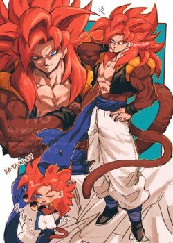Rule 34 | 1boy, biceps, blue eyes, blue sash, body fur, dragon ball, dragon ball gt, gogeta, highres, looking at viewer, male focus, metamoran vest, monkey boy, monkey tail, muscular, muscular male, no nipples, pants, pectorals, red fur, red hair, relio db318, sash, simple background, smile, spiked hair, super saiyan, super saiyan 4, tail, veins, veiny hands, white pants