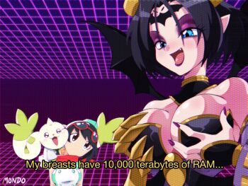 2girls bare_shoulders black_hair black_wings blue_eyes breasts cleavage demon_girl demon_horns demon_wings digimon digimon_(creature) digimon_story:_time_stranger dress english_text eyeshadow facial_mark forehead_mark goggles grabbing_own_breast green_dress head_tilt horns large_breasts lilithmon makeup meme_request mole mole_under_eye multiple_girls nail_polish pointy_ears purple_eyeshadow red_scarf scarf short_hair supermondobeat terriermon terriermon_joshu two-tone_dress upper_body white_dress wings yuuki_kanan