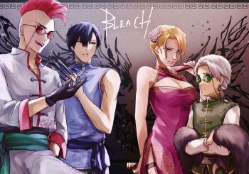 1046sstep_btoh 1girl 3boys alternate_hairstyle bazz-b black_gloves black_hair bleach bleach:_sennen_kessen-hen breasts cang_du china_dress chinese_clothes cleavage cleavage_cutout clothing_cutout commentary_request copyright_name dress earrings flower folding_fan frown fur_scarf glasses gloves green-tinted_eyewear hair_flower hair_ornament hand_fan highres hitsugaya_toushirou holding holding_fan holding_weapon jewelry large_breasts lips matsumoto_rangiku mohawk mole mole_under_mouth multiple_boys necklace open_mouth quincy_(bleach) red-tinted_eyewear red_hair sash scar scar_on_face scar_on_mouth side_slit smile sternritter tangzhuang thigh_strap tinted_eyewear watermark weapon