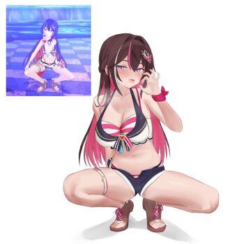 Rule 34 | 1girl, azki (hololive), bare shoulders, bikini, black hair, black shorts, blush, breasts, brown shoes, cleavage, colored inner hair, commentary, d5y0m, feet, fellatio gesture, hair between eyes, halterneck, hand up, heavy breathing, highleg, highleg bikini, highres, hololive, large breasts, layered bikini, long hair, looking at viewer, micro shorts, multicolored hair, navel, open-toe shoes, open fly, open mouth, pink hair, purple eyes, ribbon, screenshot inset, shoes, shorts, solo, squatting, stomach, streaked hair, swimsuit, thigh strap, thighs, toes, tongue, tongue out, virtual youtuber, white bikini, wrist ribbon