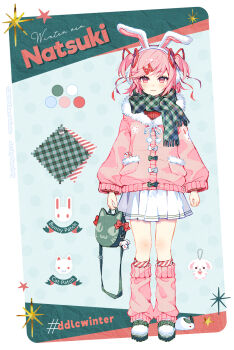 1girl animal_bag animal_ears artist_name bag bag_charm bow candy candy_cane cat_bag character_name charm_(object) closed_mouth color_guide commentary copyright_notice doki_doki_literature_club earmuffs english_commentary food full_body fur-trimmed_sweater fur_trim green_bow green_scarf hair_ribbon hashtag highres holding holding_bag leg_warmers long_sleeves natsuki_(doki_doki_literature_club) pink_eyes pink_hair pink_leg_warmers pink_sweater plaid_clothes plaid_scarf pleated_skirt pocket rabbit_ears red_bow red_ribbon ribbon satchely scarf shoes short_hair skirt smile solo sweater two_side_up white_bow white_shoes white_skirt winter_clothes