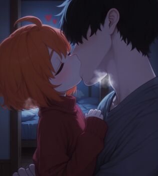 1boy 1girl =_= absurdres age_difference ahoge ai-assisted aroused bed blush bob_cut child closed_mouth crossed_bangs cuddling derivative_work door doorway dress eyebrows_hidden_by_hair faceless faceless_male father_and_daughter feet_out_of_frame female_focus freckles french_kiss green_eyes grey_shirt hair_between_eyes height_difference held_up hetero highres hina_kurosawa hug incest indoors kiss loli long_sleeves messy_hair messy_room moonlight night orange_hair original oversized_clothes paid_reward_available perspective petite pillow portrait self-upload sexually_suggestive shirt short_hair sleeves_past_wrists sweater sweater_dress t-shirt thick_eyebrows turtleneck turtleneck_sweater wooden_floor