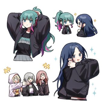 Rule 34 | > <, 5girls, :d, ^ ^, arms up, belt, black belt, black hair, black jacket, black shirt, blonde hair, blush, bob cut, brown hair, brown jacket, chibi, closed eyes, closed mouth, cocov, cropped torso, double thumbs up, from behind, gradient hair, green eyes, green hair, grey eyes, grey hair, grey skirt, group name, hair ornament, hairclip, hands in pockets, hashtag-only commentary, hatsune miku, hinomori shiho, hood, hood down, hood up, hooded jacket, hoshino ichika (project sekai), jacket, lapels, leo/need (project sekai), leo/need miku, long hair, long sleeves, looking at viewer, looking back, midriff peek, mochizuki honami, multicolored hair, multiple girls, multiple views, notched lapels, official alternate costume, official alternate hairstyle, open clothes, open jacket, open mouth, orange hair, parted lips, pink streaks, ponytail, project sekai, shirt, short hair, sidelocks, simple background, skirt, smile, sparkle, streaked hair, striped clothes, striped jacket, tenma saki, thumbs up, tucking hair, turning head, upper body, vertical-striped clothes, vertical-striped jacket, vocaloid, white background, white jacket, white shirt, x hair ornament, yellow shirt, zozotown