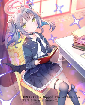 1girl black_collar black_jacket black_skirt black_thighhighs black_wings book bow chair collar copyright_notice curtains desk from_above hair_bow halo holding holding_book indoors jacket looking_at_viewer mystica_sanctus official_art on_chair open_book open_clothes open_jacket purple_hair red_halo satsuki_mayuri shirt sitting skirt solo sparkle thigh_strap thighhighs twintails white_shirt wings yellow_eyes z/x