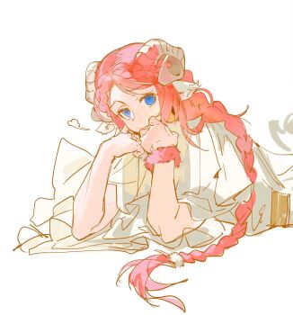 1boy animal_ears blue_eyes braid classicaloid goat_ears highres horizontal_pupils horns kemonomimi_mode long_hair looking_at_viewer lying male_focus octahooves on_stomach robe simple_background solo very_long_hair white_background white_robe wolfgang_amadeus_mozart_(classicaloid) wristband