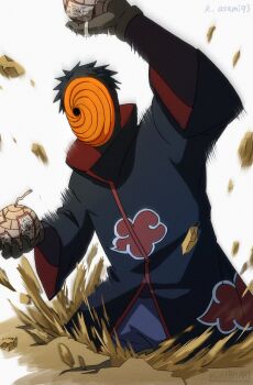 Rule 34 | 1boy, akatsuki uniform, artist name, asamishi, black coat, black hair, bomb, coat, explosive, gloves, grey gloves, highres, holding, holding bomb, long sleeves, male focus, mask, naruto (series), naruto shippuuden, orange mask, short hair, solo, tobi (naruto), uchiha obito, white background