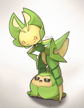 antennae artist_name gen_5_pokemon highres leavanny looking_at_another looking_at_viewer nintendo no_humans open_mouth pokemon pokemon_(creature) signature simple_background swadloon totennko white_background