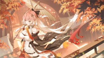 1girl absurdres bare_shoulders black_bow black_collar black_jacket bow braid breasts changli_(wuthering_waves) chinese_commentary cleavage closed_mouth collar colored_extremities commentary_request detached_sleeves dress feather_hair finger_to_mouth hair_bow hair_extensions hand_up heiyizhushenxia highres holding holding_umbrella index_finger_raised jacket large_breasts long_hair looking_at_viewer oil-paper_umbrella orange_eyes orange_theme pink_hair ponytail red_hands ring_hair_extensions shushing solo thigh_strap thighs twin_braids umbrella very_long_hair white_dress white_hair wuthering_waves