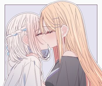 Rule 34 | 2girls, absurdres, black shirt, blue ribbon, blush, border, braid, closed eyes, commentary request, gakuen idolmaster, hair ribbon, half up braid, hand on another's shoulder, highres, hood, hoodie, idolmaster, katsuragi lilja, kiss, kousaka 0v0, long hair, multiple girls, off-shoulder shirt, off shoulder, orange hair, outline, purple background, ribbon, ribbon braid, shirt, shiun sumika, short hair, white border, white hair, white hoodie, white outline, yuri