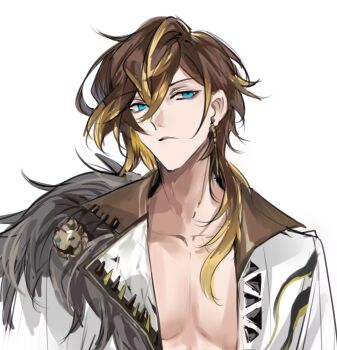 Rule 34 | 1boy, black star -theater starless-, blonde hair, blue eyes, brown hair, cape, collarbone, earrings, expressionless, fur-trimmed cape, fur trim, hair behind ear, hair between eyes, hair over shoulder, he he chang, highres, jewelry, kei (black star), long hair, looking at viewer, male focus, open clothes, open shirt, pectorals, shirt, side cape, sideways glance, simple background, single earring, solo, upper body, white background, white shirt, wing collar