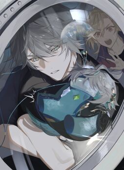 2boys akasha_terminal alhaitham_(genshin_impact) among_us astronaut blonde_hair chest_jewel gem genshin_impact gold_trim green_eyes green_gemstone grey_hair hair_between_eyes highres kaveh_(genshin_impact) kichi_owo long_hair male_focus multiple_boys open_mouth red_eyes