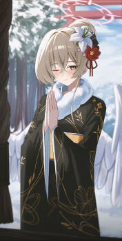 absurdres alternate_costume angel_wings black_kimono blonde_hair blue_archive brown_eyes commentary feathered_wings floral_print floral_print_kimono flower fur-trimmed_kimono fur_trim furisode hair_flower hair_ornament halo highres japanese_clothes kimono light_smile nagisa_(blue_archive) new_year obi one_eye_closed outdoors pink_halo praying print_kimono red_flower sash snow sweetcho temple tree updo white_flower white_fur white_wings wings winter