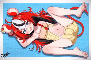 1girl absurdres animal_ears barefoot black_hair blue_eyes boppin commentary english_commentary feet hakos_baelz highres hololive hololive_english long_hair mouse_ears mouse_girl mouse_tail multicolored_hair navel paid_reward_available red_hair soles solo streaked_hair tail toes variant_set virtual_youtuber white_hair