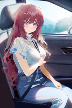 1girl a-chan_(little_busters!) absurdres alternate_costume arm_under_breasts between_breasts blue_eyes blurry blush breasts brown_hair car_interior casual closed_mouth commentary_request day denim depth_of_field eyelashes eyes_visible_through_hair feet_out_of_frame floral_print floral_print_shirt hair_between_eyes happy highres jeans large_breasts lips little_busters! long_hair looking_at_viewer miiizuno_lbs neck_ribbon pants print_shirt ribbon seatbelt seatbelt_between_breasts shirt short_sleeves sidelocks sitting smile solo split_mouth strap_between_breasts very_long_hair wavy_hair white_ribbon white_shirt