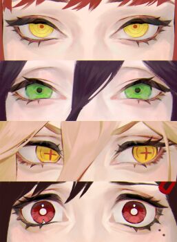 3hn4lp51od66u60 4girls absurdres blonde_hair brown_hair chainsaw_man cross-shaped_pupils eye_focus green_eyes hair_between_eyes higashiyama_kobeni highres makima_(chainsaw_man) multiple_girls power_(chainsaw_man) purple_hair red_eyes red_hair reze_(chainsaw_man) ringed_eyes symbol-shaped_pupils yellow_eyes