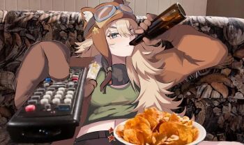 1girl animal_ear_headwear aviator_cap beer_bottle blonde_hair blue_eyes bottle brown_gloves brown_hat brown_jacket chips_(food) controller couch drink fake_animal_ears food gloves goggles goggles_on_headwear green_shirt hat highres holding holding_bottle holding_remote_control inari_(inariura) jacket lilya_(reverse:1999) looking_at_viewer man_watching_tv_(meme) mask mask_around_neck meme midriff navel on_couch outstretched_arm oxygen_mask photo_background plate remote_control reverse:1999 shirt sitting solo upper_body