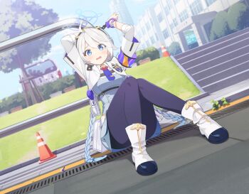 1girl :o ahoge ankle_boots antenna_hair armband arms_behind_head arms_up badge bag black_pantyhose blue_archive blue_eyes blue_hair blue_halo blue_necktie blue_sky blush boots braid building bus city cloud convenient_censoring convenient_leg cuffed cuffs day dutch_angle epaulettes fence full_body game_asset gradient_hair grass gun halo handcuffs handgun highres holster jacket kirino_(blue_archive) knees_up long_hair long_sleeves looking_at_viewer motor_vehicle multicolored_hair necktie non-web_source official_art open_mouth outdoors pantyhose purple_armband shoulder_bag sitting sky solo stairs sweatdrop traffic_cone tree twin_braids very_long_hair vest watch weapon white_hair white_jacket wristwatch yutokamizu