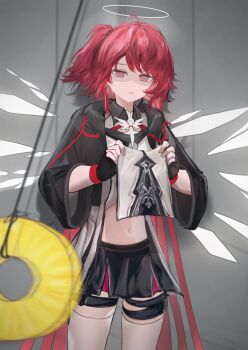 1girl absurdres arknights black_capelet black_gloves black_skirt blank_eyes capelet change_in_common_sense clothes_lift commentary cowboy_shot detached_wings energy_wings english_commentary exusiai_(arknights) exusiai_the_new_covenant_(arknights) fingerless_gloves food fruit gloves halo highres holding holding_pendulum hypnosis indoors long_sleeves looking_at_viewer mebe_(teadia_violet) medium_hair midriff mind_control navel one_side_up parted_lips pendulum pineapple pineapple_slice pov red_hair shirt_lift skirt solo thighhighs traditional_halo white_halo white_thighhighs white_wings wide_sleeves wings