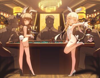 2girls 5boys absurdres alcohol animal_ear_fluff animal_ear_hairband animal_ears ass bandaid bandaid_on_leg black_hair black_leotard black_shoes blonde_hair blue_eyes bow bowtie braid breasts bun_with_braided_base casino casino_card_table cat_tail closed_eyes cocktail_glass collared_shirt commentary commission covered_navel cup detached_collar domado dress_shirt drinking_glass facial_hair facial_mark fake_animal_ears fake_tail flat_chest grin hair_bun hairband heart heart_facial_mark high_heels highleg highleg_leotard highres holding holding_tray indoors leotard long_hair looking_at_viewer multiple_boys multiple_girls mustache neck oc_(atj7359) one_eye_closed original outstretched_arm pixiv_commission playboy_bunny pointy_ears poker_chip pumps rabbit_ear_hairband rabbit_ears rabbit_tail red_bow red_bowtie red_eyes second-party_source shirt shoes short_hair sitting slot_machine small_breasts smile standing standing_on_one_leg strapless strapless_leotard table tail thigh_strap tray twintails v very_long_hair white_leotard white_shoes white_wrist_cuffs wrist_cuffs
