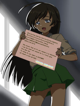 1girl ahoge apologizing artist_name backlighting black_eyes black_hair commentary_request cowboy_shot dark dated dress_shirt english_text girls_und_panzer green_skirt half-closed_eyes highres isuzu_hana long_hair long_sleeves looking_at_viewer miniskirt naotosi open_mouth pleated_skirt shirt skirt sleeves_rolled_up smile solo standing translation_request white_shirt window