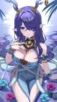 1girl absurdres amaneko_(amaneko_y) blue_dress blue_eyes blue_nails breasts cleavage closed_mouth commentary_request dress fingernails genshin_impact hair_over_one_eye hand_on_own_chest hand_up highres large_breasts lauma_(genshin_impact) long_hair looking_at_viewer nail_polish partially_submerged pelvic_curtain pointy_ears purple_hair sitting sleeveless sleeveless_dress smile solo very_long_hair water