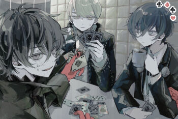 Rule 34 | 3boys, :|, ace (playing card), ace of spades, ahoge, amamiya ren, arm on table, armband, black hair, black jacket, blue hair, card, card game, closed mouth, club (shape), commentary request, cup, deadpan, diamond (shape), mp3 player, digital walkman, earphones, elbow on table, gekkoukan high school uniform, gloves, grey eyes, grey hair, hair between eyes, heart, holding, holding card, holding cup, indoors, jacket, joker (persona 5), joker (playing card), long sleeves, looking to the side, male focus, multiple boys, narukami yu, no mask, open clothes, open jacket, parted lips, persona, persona 3, persona 4, persona 5, playing card, red armband, red gloves, school uniform, shirt, short hair, sitting, spade (shape), sumino suito, sweat, sweatdrop, ten of clubs, three of hearts, tile wall, tiles, upper body, walkman nw-s203f, white shirt, yasogami school uniform, yuuki makoto (persona 3)
