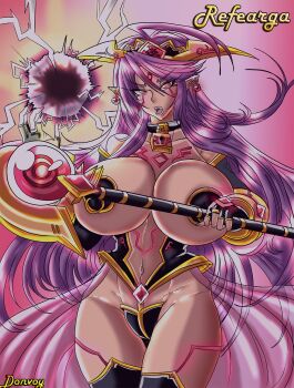 1girl breasts dark-skinned_female dark_elf dark_skin donvoy_(artist) doragonshinryu elf female_focus gem highres huge_breasts lock long_hair magic magician original piercing pointy_ears power purple_hair red_eyes refearga_(original) solo staff tattoo wizard