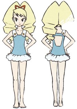 1girl back_cutout blonde_hair bow clothing_cutout drill_hair hair_bow hands_on_own_hips long_hair luna_platz_(mega_man) mega_man_(series) mega_man_star_force_(series) multiple_views official_art one-piece_swimsuit simple_background smile swimsuit third-party_source twin_drills white_background