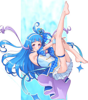 1girl absurdres aokaze_nana arched_back barefoot blue_hair blue_skirt blush closed_mouth commentary_request covered_erect_nipples crotch_seam cure_wink feet fingernails full_body hairband highres kazuma_muramasa kimi_to_idol_precure kneepits layered_skirt legs_up long_hair long_legs looking_at_viewer miniskirt multicolored_hair panties pantyshot pleated_skirt precure purple_eyes raised_eyebrows shirt skirt sleeveless sleeveless_shirt solo streaked_hair thigh_strap toes underwear very_long_hair white_hairband white_panties white_shirt