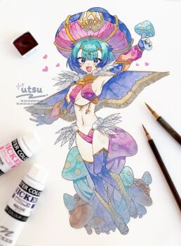 1girl blue_eyes blue_hair breasts cape capelet cloak fate/grand_order fate_(series) feathered_cloak gloves hat highres holding holding_mushroom leggings locusta_(fate) locusta_(third_ascension)_(fate) looking_at_viewer multicolored_hair mushroom mushroom_on_head navel painting_(medium) purple_cape purple_capelet purple_cloak purple_hat purple_leggings revealing_clothes sharp_teeth short_hair small_breasts smile solo teeth traditional_media two-tone_hair utsu_(utu_xx) watercolor_(medium)