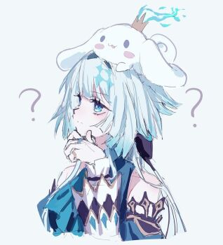 1girl ? animal animal_on_head ascot bare_shoulders blue_ascot blue_eyes blue_hair cerydra_(honkai:_star_rail) cinnamoroll closed_mouth crown detached_sleeves fuwa_fuwa_cinnamoroll hand_on_own_chin honkai:_star_rail honkai_(series) long_hair long_sleeves looking_up on_head sanrio simple_background sketch solo thinking upper_body white_background white_hair x_x_(batttsu_404)