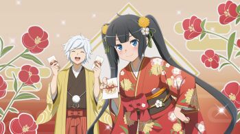 1boy 1girl :d anime_coloring bell_cranel black_hair black_sash blue_eyes blunt_bangs bow breasts brown_kimono closed_eyes closed_mouth danmachi_battle_chronicle dungeon_ni_deai_wo_motomeru_no_wa_machigatteiru_darou_ka envelope facing_viewer floral_background floral_print floral_print_kimono flower game_cg hair_flower hair_ornament hand_on_own_hip hands_up haori hestia_(danmachi) highres holding holding_envelope japanese_clothes kanzashi kimono light_blush long_hair looking_at_viewer medium_breasts non-web_source obi obi_bow obiage obidome obijime official_alternate_costume official_art open_mouth print_kimono red_bow red_kimono sash short_hair sidelocks smile tassel tassel_hair_ornament twintails white_flower white_hair wide_sleeves yellow_flower yellow_haori