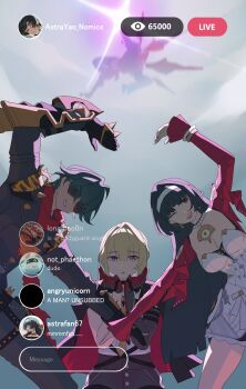 1boy 2girls absurdres aragiken arm_up astra_yao black_coat black_gloves black_hair black_jacket black_pants blonde_hair blue_sky breasts chat_log chest_harness cleavage coat coat_on_shoulders commentary dress elbow_gloves english_commentary english_text ethereal_(zenless_zone_zero) evelyn_chevalier gloves green_hair grin hair_intakes hairband half_gloves harness heart_arms heart_arms_duo high-waist_pants highres jacket jewelry large_breasts leaning_to_the_side lighter_(zenless_zone_zero) livestream long_hair looking_at_viewer multiple_girls necklace necktie one_eye_closed open_mouth outdoors pants pearl_necklace purple_eyes red_eyes red_scarf red_shrug scarf shirt short_hair shoulder_spikes shrug_(clothing) single_elbow_glove single_half_glove sky smile sparkle spiked_jacket spikes strapless strapless_dress studded_gloves sunglasses uneven_bangs white_dress white_hairband white_shirt yellow_necktie zenless_zone_zero