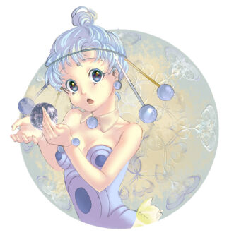 1990s_(style) 1girl :o ball bindi bishoujo_senshi_sailor_moon bishoujo_senshi_sailor_moon_supers blue_eyes blue_hair bracelet chiari earrings female_focus hair_bun jewelry leotard matching_hair/eyes multicolored_eyes pallapalla_(sailor_moon) purple_eyes retro_artstyle short_hair single_hair_bun solo