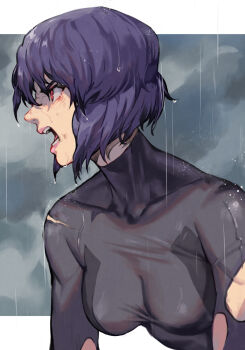 1girl breasts collarbone ghost_in_the_shell ghost_in_the_shell:_stand_alone_complex hungry_clicker kusanagi_motoko looking_to_the_side open_mouth purple_hair rain red_eyes short_hair skin_tight solo torn_clothes wet wet_hair