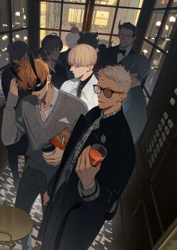 3boys black_pants blonde_hair bowl_cut cup dark-skinned_male dark_skin elevator formal_clothes grey_sweater highres holding holding_cup horns houndstooth looking_to_the_side male_focus mask moss_(character) mosspaca_advertising_department multiple_boys old_xian old_xian_(character) pants people print_shirt push-button shirt single_horn suit sunglasses sweater tanjiu_(character) white_eyes white_hair white_shirt