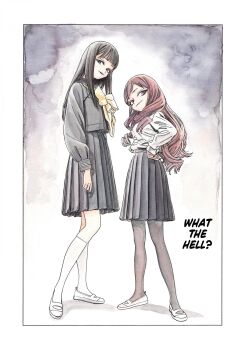 2girls akebi-chan_no_serafuku akebi_komichi black_eyes black_hair black_pantyhose black_serafuku black_skirt blunt_bangs bow breasts brown_hair chiarashi_hoko closed_mouth colorized english_text female_focus full_body hands_on_own_hips highres hiro_(dismaless) legs long_hair long_sleeves looking_at_viewer manga_illustration manga_page multiple_girls official_art pantyhose pleated_skirt roubai_academy_school_uniform_(old) school_uniform serafuku shoes skirt small_breasts smile smirk socks thighs translated uwabaki white_serafuku white_shoes white_socks yellow_bow