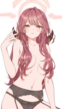 Rule 34 | 1girl, aru (blue archive), black garter belt, black garter straps, black panties, blue archive, breasts, brown horns, commentary request, demon horns, garter belt, garter straps, hair over breasts, halo, highres, horns, kooriyama azuki, light blush, lingerie, long hair, long sidelocks, looking at viewer, low horns, medium breasts, panties, parted lips, pink hair, sidelocks, solo, topless female, underwear, white background