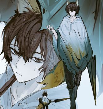 1boy :| ajiu_(s31618533) animal_ears black_eyes boots brown_hair closed_mouth double-parted_bangs e.g.o_(project_moon) expressionless fox_ears fox_tail hair_between_eyes hand_up holding holding_umbrella hood hood_down kemonomimi_mode limbus_company looking_at_viewer male_focus multiple_views project_moon rain raincoat reference_inset rubber_boots short_hair sunshower_(e.g.o) tail torn_clothes umbrella walking_towards_viewer wet wet_hair yi_sang_(project_moon)