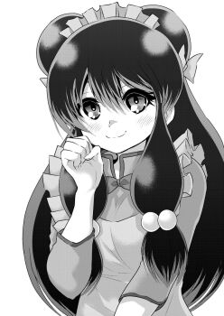 1girl apron chinese_clothes double_bun dress hair_bun highres long_hair monochrome ranma_1/2 ribbon shampoo_(ranma_1/2) white_apron