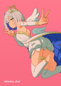 Rule 34 | 1girl, :q, amane kanata, angel wings, barefoot, blue hair, bob cut, casino (casinoep), colored inner hair, commentary request, detached leggings, detached sleeves, dress, feet, grey hair, highres, hololive, leggings, looking at viewer, mini wings, multicolored hair, pink background, pink hair, purple eyes, short hair, simple background, single hair intake, sleeveless, sleeveless dress, soles, solo, star-shaped pupils, star (symbol), strapless, strapless dress, streaked hair, symbol-shaped pupils, toes, tongue, tongue out, v, virtual youtuber, white leggings, white wings, wings