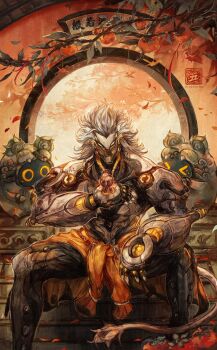 >_< 1boy artificial_eye artist_name bangboo_(zenless_zone_zero) banyue_(zenless_zone_zero) belion_(zenless_zone_zero) bird bird_on_hand branch claws clothed_robot clothes_around_waist commentary english_commentary falling_petals fiveonthe food fruit grey_hair grey_tail highres humanoid_robot male_focus mechanical_eye mechanical_hands mechanical_tail metal_skin notice_lines petals robot robot_boy sitting sitting_on_stairs solo spread_legs stairs tail zenless_zone_zero