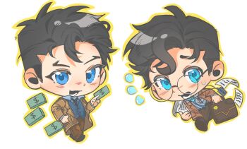 2boys banknote batman_(series) black_hair black_necktie black_shoes blue_eyes blue_vest blush brown_coat brown_jacket brown_pants bruce_wayne chibi chibi_only clark_kent cmcywxhugiwf8k5 coat dc_comics dollar_bill forked_eyebrows full_body glasses hashtag-only_commentary highres holding holding_money holding_suitcase jacket lapels looking_at_viewer lower_teeth_only male_focus money multiple_boys necktie nervous_sweating notched_lapels open_mouth pants paper parted_hair rimless_eyewear round_eyewear shoes short_hair suitcase superman_(series) sweat teeth vest