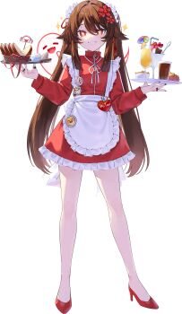 1girl absurdres alternate_costume apron badge boo_tao_(genshin_impact) bread brown_hair button_badge clenched_teeth commentary_request flower-shaped_pupils food full_body genshin_impact glass high_heels highres holding holding_tray hu_tao_(genshin_impact) jacket jersey_maid kkochmanyeo korean_commentary long_hair looking_at_viewer maid parfait red_eyes red_jacket red_skirt skirt smile solo sparkle symbol-shaped_pupils tachi-e teeth track_jacket transparent_background tray twintails unconventional_maid waist_apron