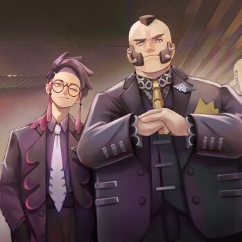 2boys black_jacket closed_mouth collared_shirt commentary corbeau_(pokemon) english_commentary eyewear_strap highres indoors jacket kookirani long_sleeves male_focus multiple_boys necktie nintendo one_eye_closed philippe_(pokemon) pokemon pokemon_legends:_z-a purple_shirt round_eyewear shirt yellow_necktie