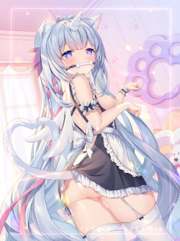 1girl animal_ear_fluff animal_ears apron ass backless_outfit bedroom bit_gag black_dress blue_eyes blue_hair blush cartoon_bone cat_ears cat_girl cat_tail cleft_of_venus clothes_lift commentary_request curtains dress feathered_wings frilled_apron frilled_dress frills gag gagged garter_belt garter_straps hair_ribbon heart heart-shaped_pupils heart_tail highres horns indie_virtual_youtuber indoors lifted_by_tail long_hair maid ninico_(vtuber) paw_pose paw_print pink_ribbon pussy pussy_juice ribbon sannio single_horn single_wrist_cuff skindentation skirt skirt_lift solo stuffed_animal stuffed_dog stuffed_toy symbol-shaped_pupils tail thighhighs thighs unicorn variant_set very_long_hair virtual_youtuber white_apron white_thighhighs window winged_unicorn wings wrist_cuffs