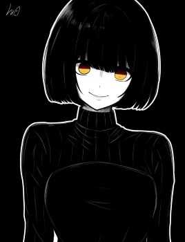 1girl absurdres black_background bob_cut breasts commentary greyscale highres large_breasts long_sleeves looking_at_viewer lughost monochrome orange_eyes ribbed_shirt senran_kagura senran_kagura_new_link shin_(senran_kagura) shirt short_hair signature simple_background smile solo spot_color turtleneck turtleneck_shirt upper_body