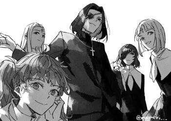Rule 34 | 1boy, 4girls, arm behind head, arm up, artist name, black suit, closed mouth, cross, cross necklace, eyepatch, facial mark, fate/strange fake, fate (series), formal clothes, greyscale, hand in pocket, hand on own cheek, hand on own face, hansa cervantes, highres, jewelry, katya kambanellis, latin cross, light frown, long hair, looking at viewer, mameki, maysia kwo, medium hair, mole, mole under eye, monochrome, multiple girls, necklace, open mouth, puritan collar, shanti mukherjee, short hair, sidelocks, smile, smirk, suit, viola wahlstrom