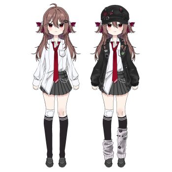 1girl ahoge alternate_costume anger_vein bandage_on_knee belt black_belt black_hat black_jacket black_shoes black_skirt black_socks blush broken_heart broken_heart_hair_ornament brown_hair closed_mouth clothes_on_and_off collared_jacket collared_shirt demon_horns double-parted_bangs dress_shirt evil_neuro-sama frown full_body grey_socks hair_between_eyes hair_ornament hair_ribbon hat hat_belt heart highres horns jacket kneehighs leather leather_jacket loafers long_hair long_sleeves looking_at_viewer loose_necktie loose_socks miniskirt multiple_belts multiple_views necktie neuro-sama newsboy_cap nightmaremask07 pleated_skirt pocket red_eyes red_necktie red_ribbon ribbon shirt shirt_partially_tucked_in shoes simple_background skirt skull_hair_ornament sleeves_past_wrists socks standing tachi-e torn_hair_ribbon two_side_up v-shaped_eyebrows variations vedal_ai virtual_youtuber wallet_chain white_background white_shirt